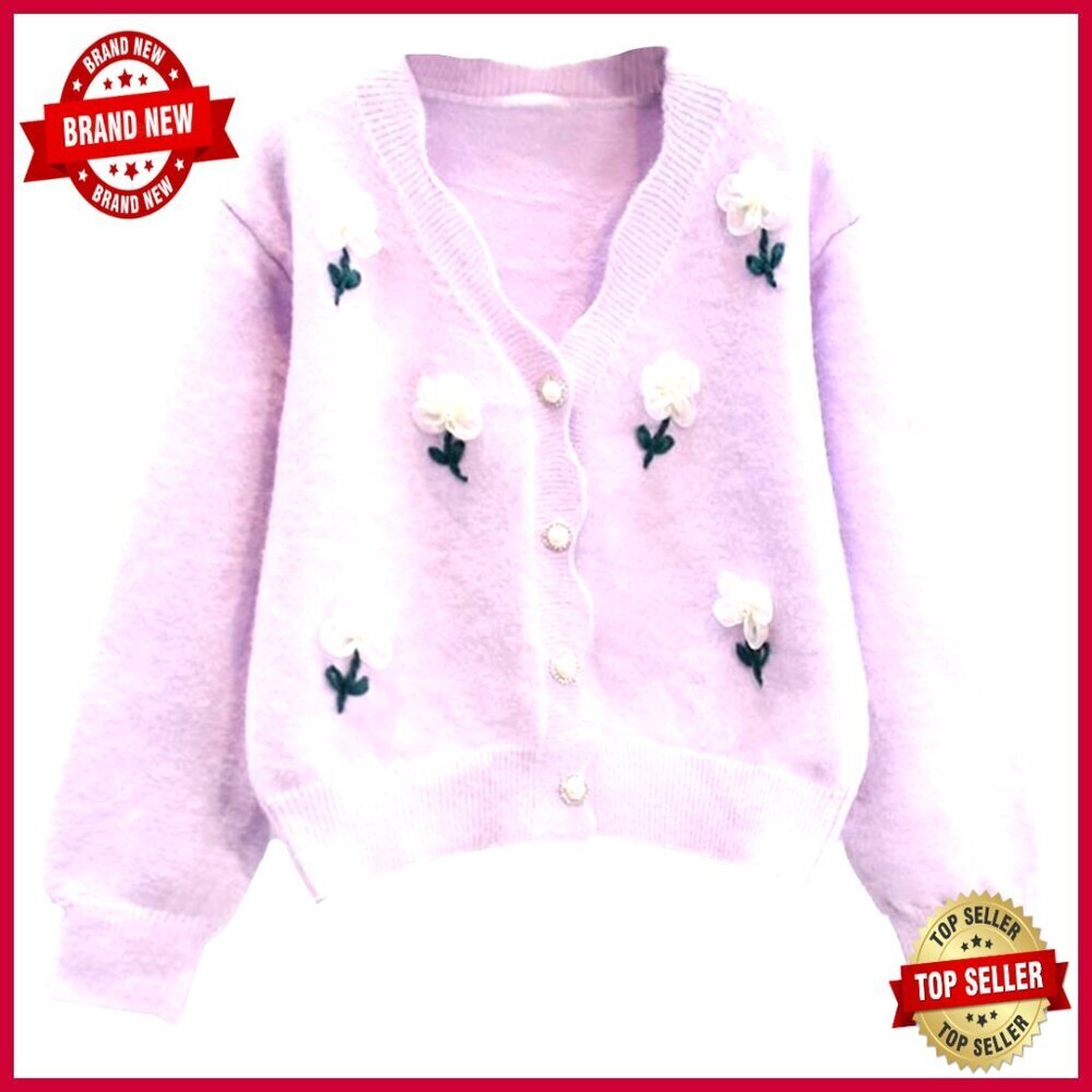 3D Flower Embroidered V-Neck Cardigan Sweater, Long Sleeve, Cropped Fit